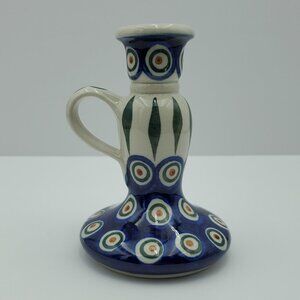 Polish Pottery Peacock Leaves Candleholder Handled Candlestick Chamberstick